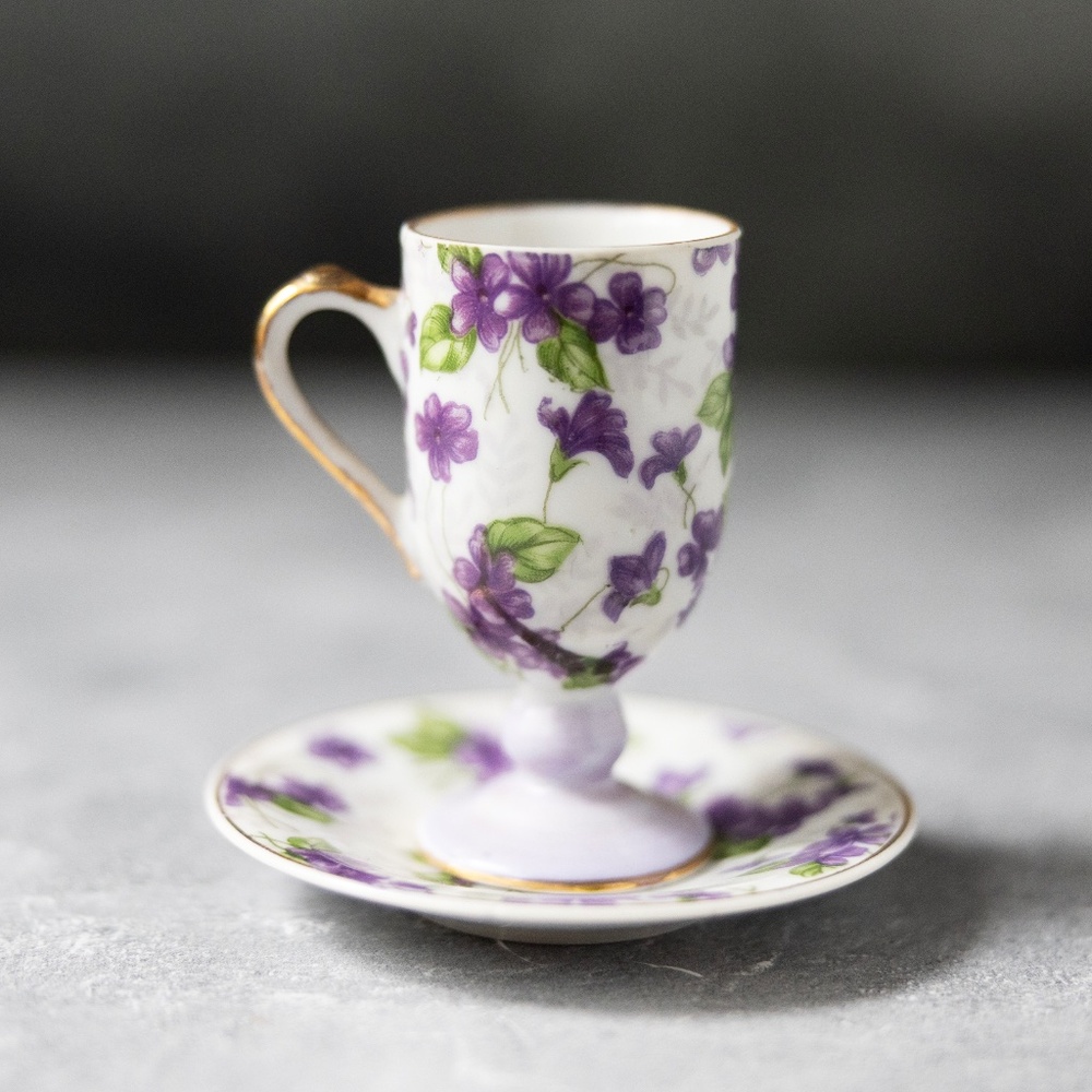 Vintage Inarco Japan tall demitasse cup saucer set violet floral porcelain